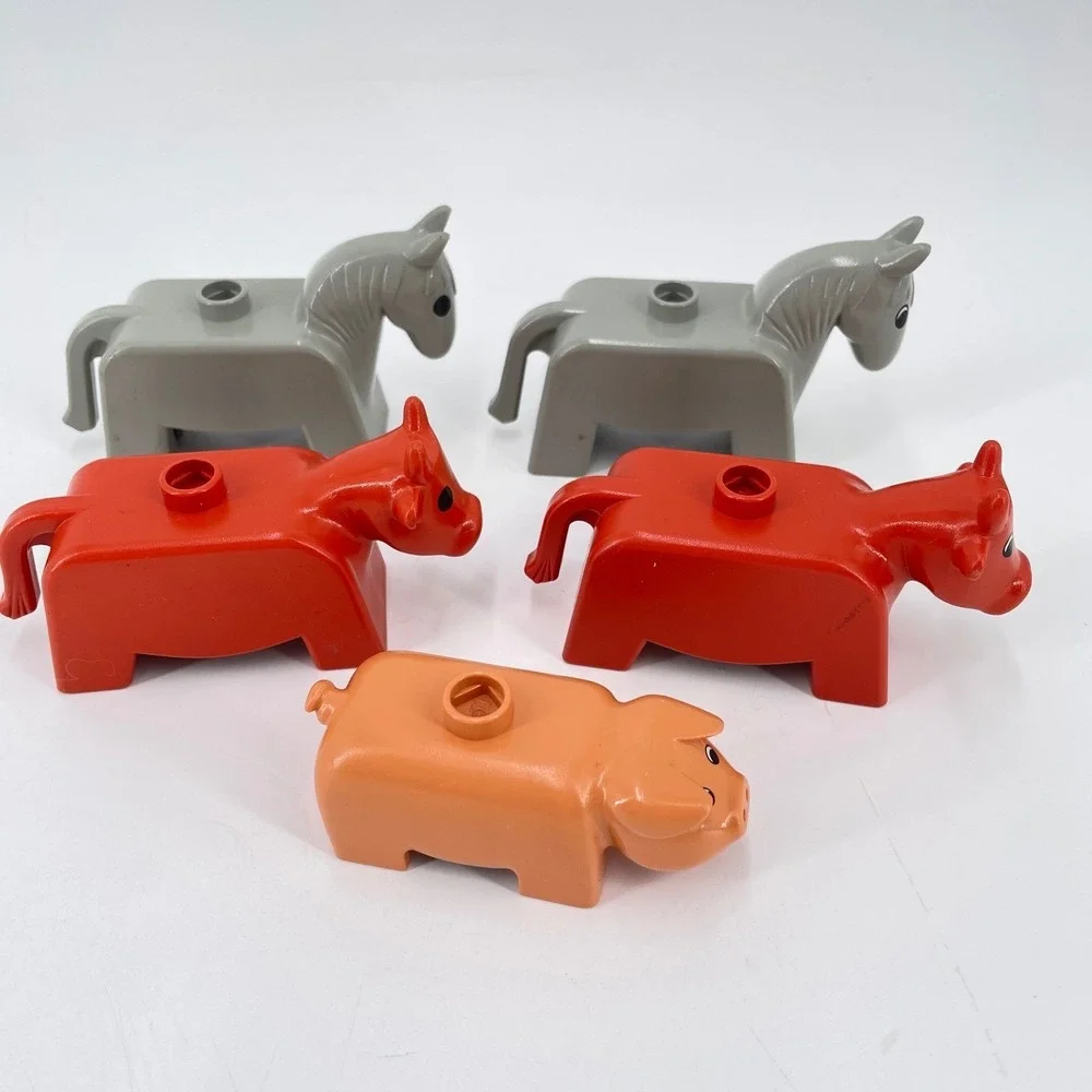 LEGO‎ Duplo Farm Animals Chunky Boxy 5pc Horses Cows Pig Red Grey Orange 1990s